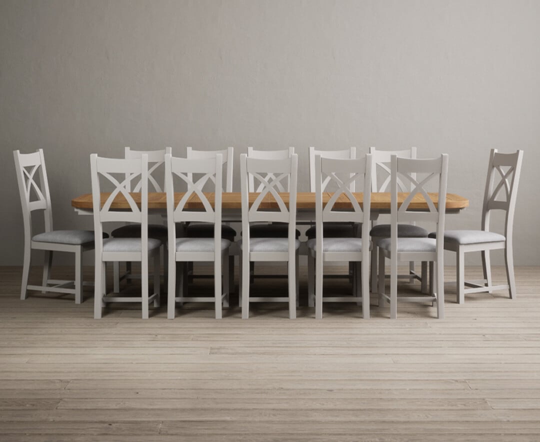 Atlas 180cm Oak And Soft White Extending Dining Table With 10 Light Grey X Back Chairs