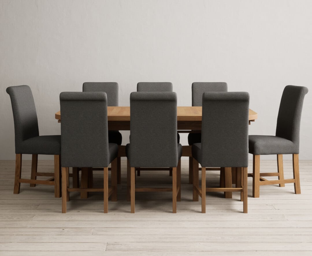 Extending Olympia 180cm Solid Oak Dining Table with 8 Blue  Chairs at Oak Furniture Superstore