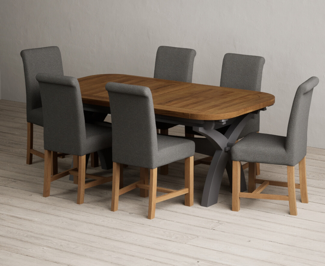 Product photograph of Extending Olympia 180cm Oak And Charcoal Grey Painted Dining Table With 12 Brown Scroll Back Chairs from Oak Furniture Superstore