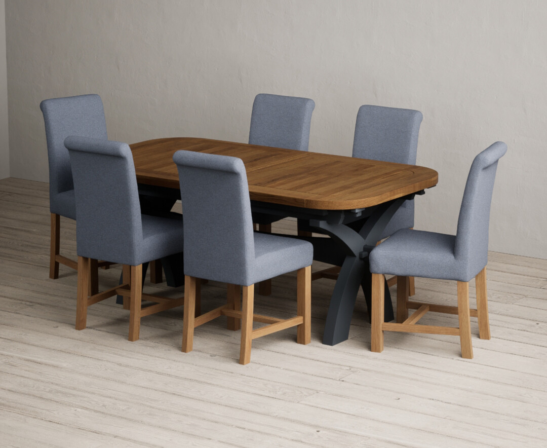 Product photograph of Extending Olympia 180cm Oak And Dark Blue Painted Dining Table With 12 Blue Scroll Back Chairs from Oak Furniture Superstore