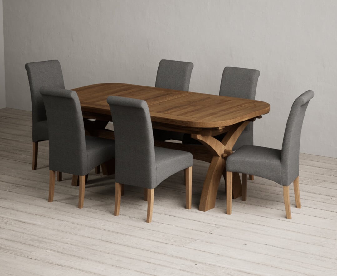 Extending Olympia 180cm Rustic Solid Oak Dining Table With 12 Grey Scroll Back Chairs