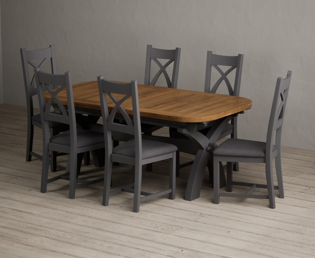 Extending Olympia 180cm Oak and Charcoal Grey Painted Dining Table with 12 Blue Painted Chairs