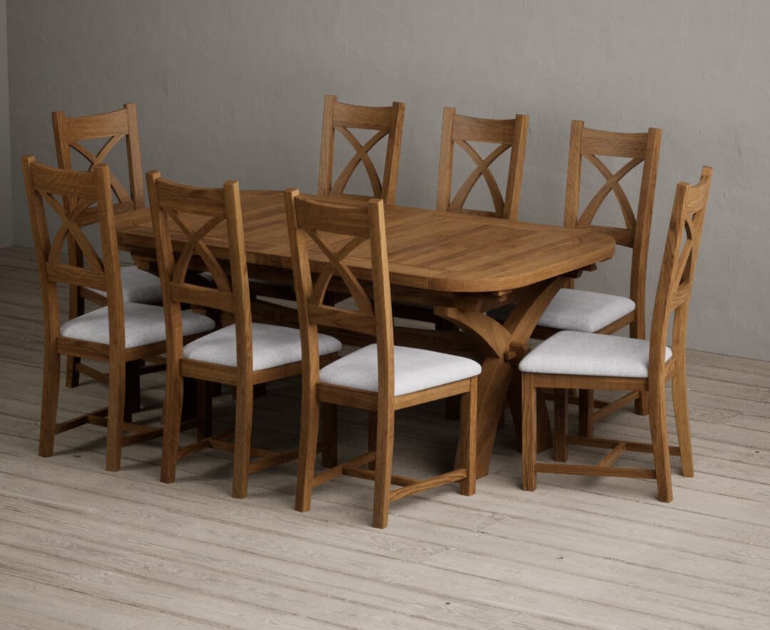 Extending Olympia 180cm Rustic Solid Oak Dining Table with 10 Light Grey Rustic Solid Oak Chairs