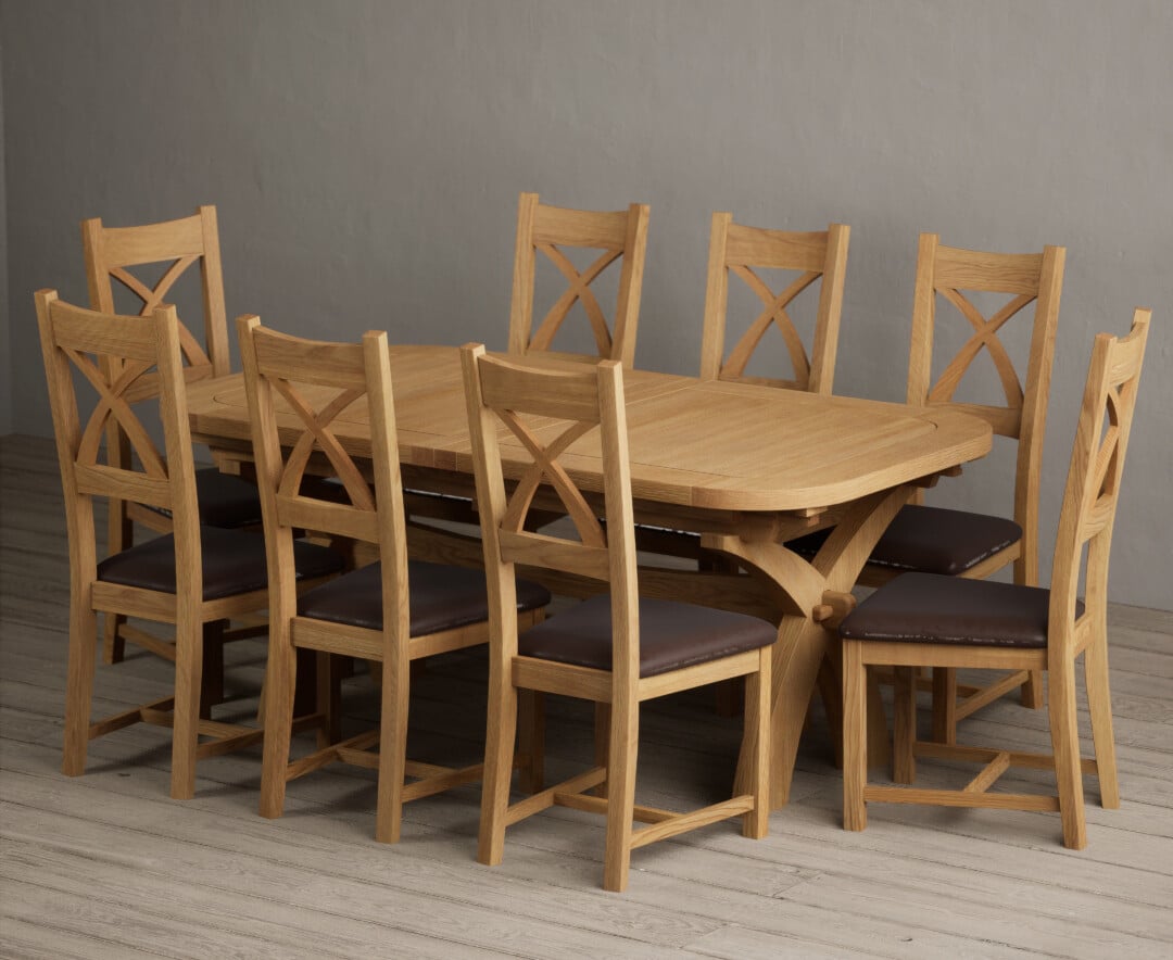 Extending Atlas 180cm Solid Oak Dining Table With 10 Blue X Back Chairs