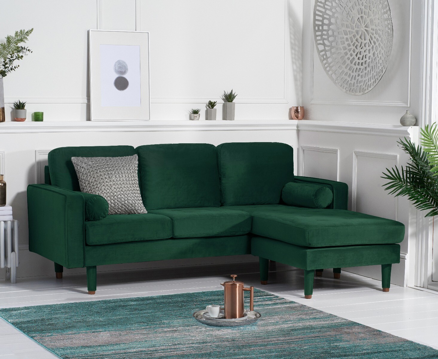 Product photograph of Bailey Green Velvet 3 Seater Reversible Chaise Sofa from Oak Furniture Superstore