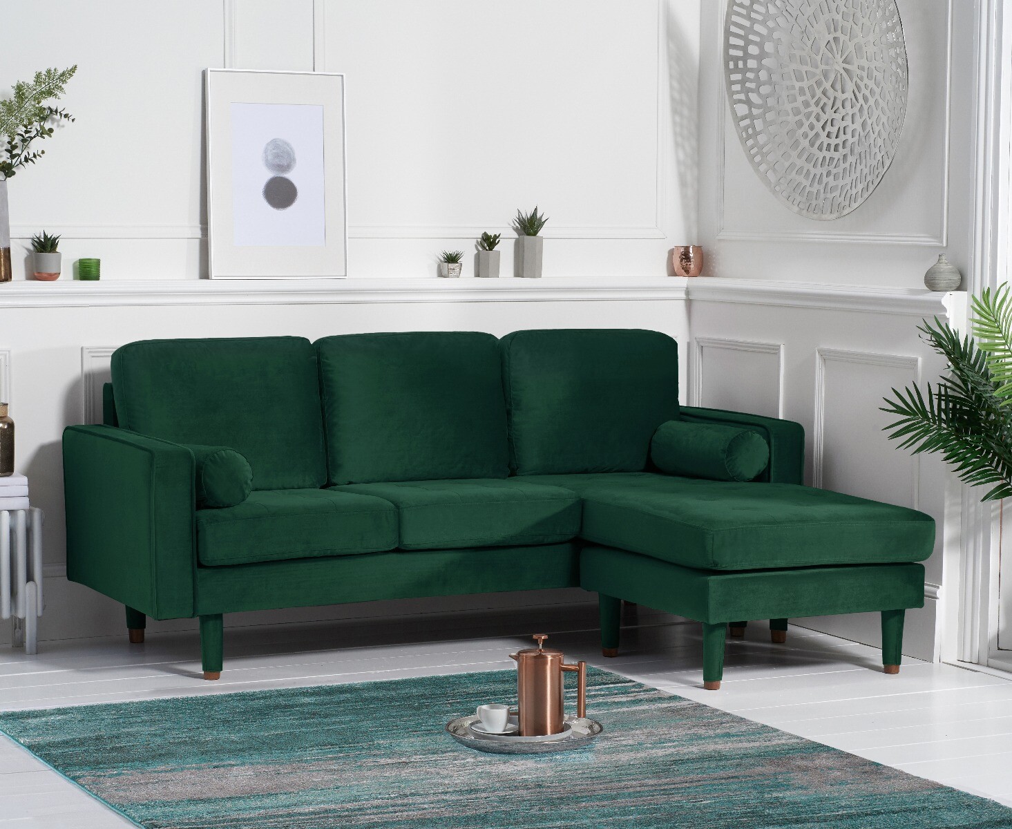 Product photograph of Bailey Green Velvet 3 Seater Reversible Chaise Sofa from Oak Furniture Superstore.