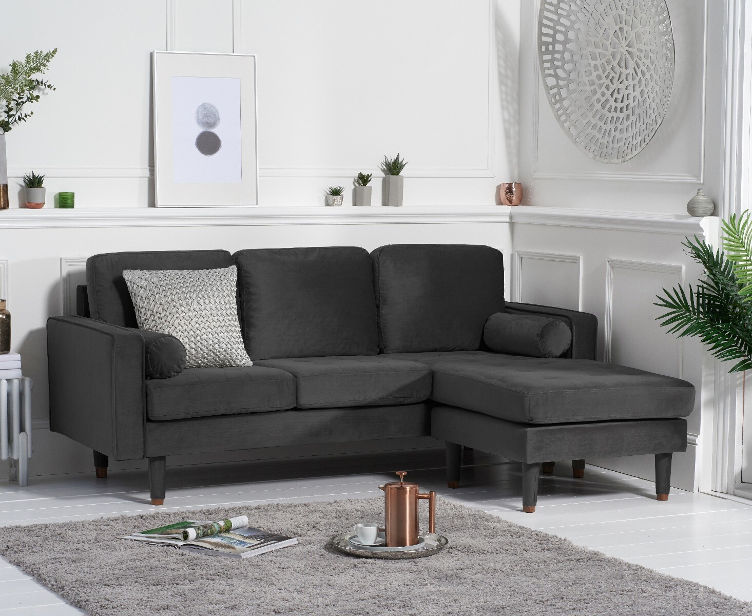 Product photograph of Bailey Grey Velvet 3 Seater Reversible Chaise Sofa from Oak Furniture Superstore