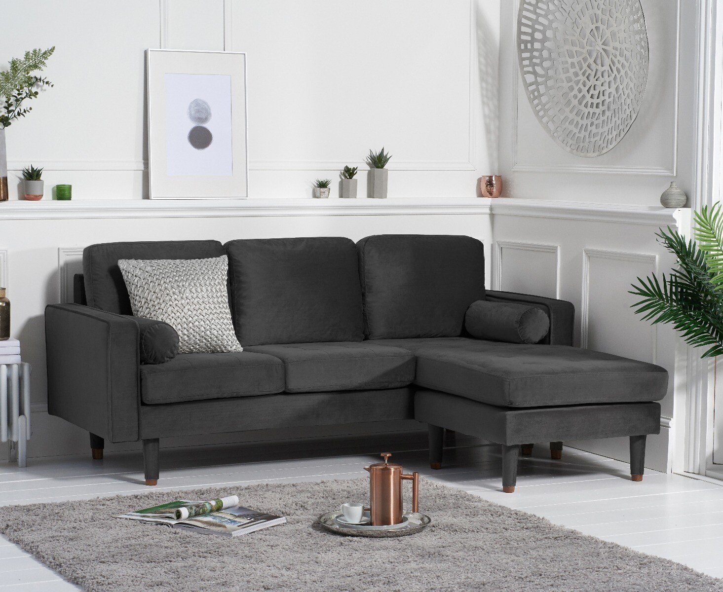 Bailey Grey Velvet 3 Seater Reversible Chaise Sofa