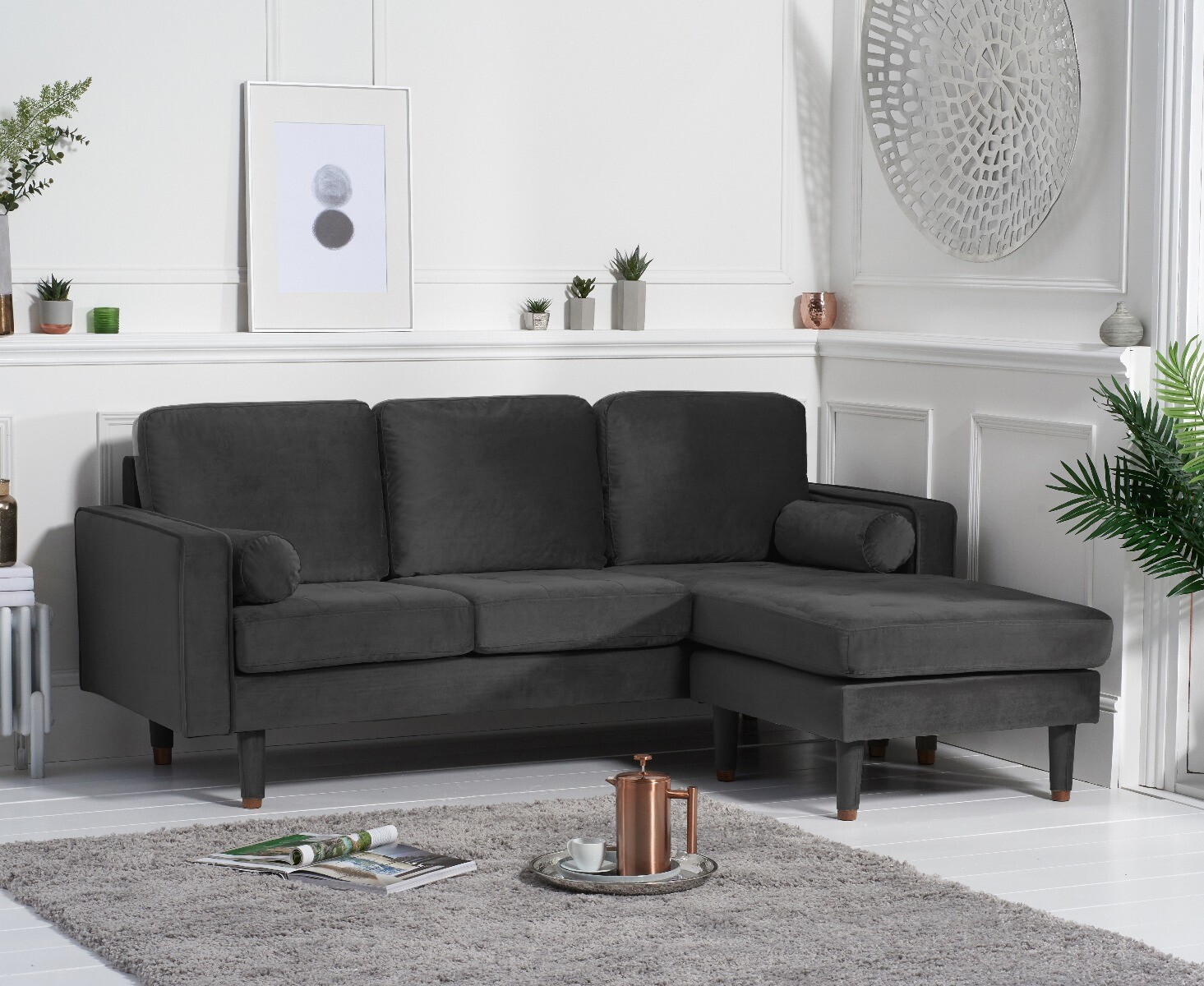 Product photograph of Bailey Grey Velvet 3 Seater Reversible Chaise Sofa from Oak Furniture Superstore.
