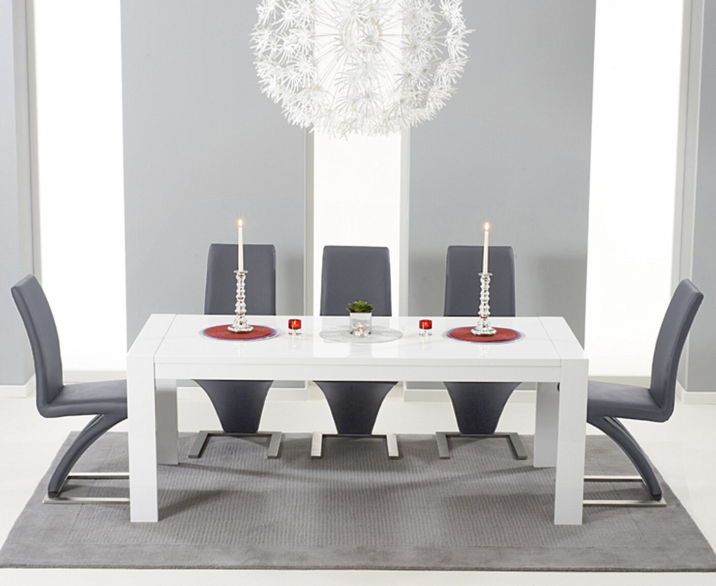 Photo 1 of Extending baltimore 200cm white high gloss dining table with 6 grey aldo chairs