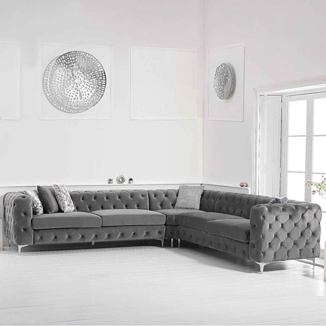 Product photograph of Amira Grey Velvet Corner Sofa from Oak Furniture Superstore