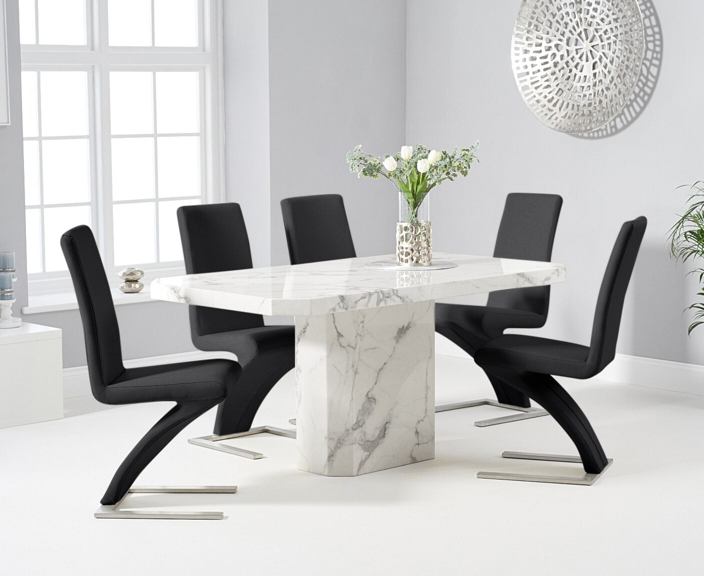 Belle 160cm White Marble Dining Table With 4 Black Aldo Chairs