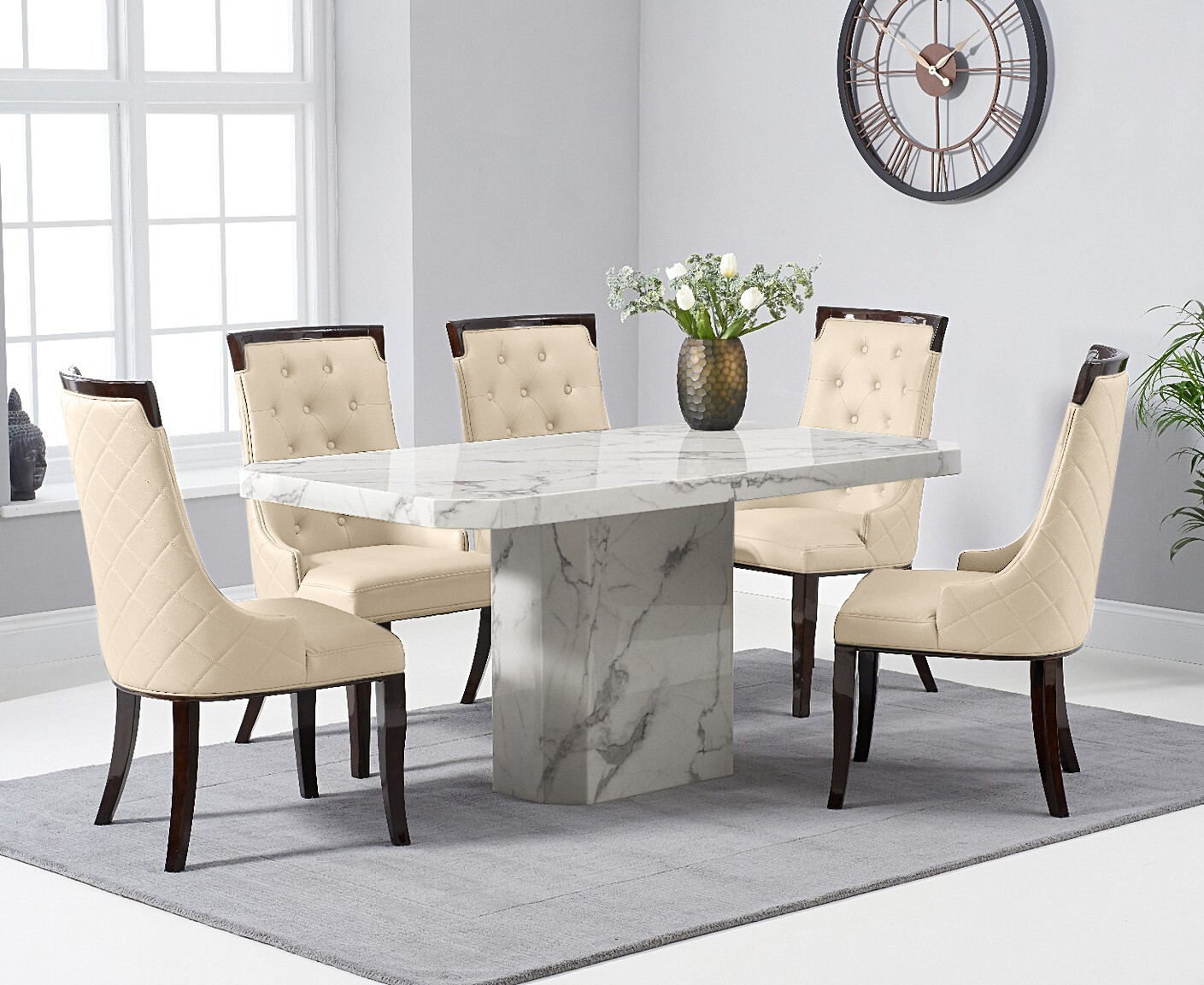 Belle 160cm White Marble Dining Table With 6 Cream Francesca Chairs