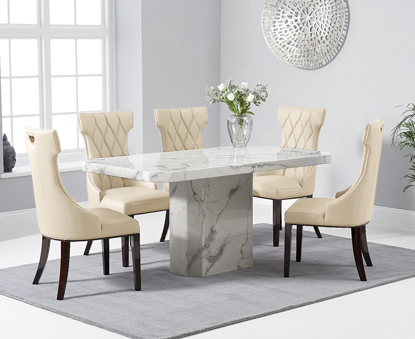 Product photograph of Belle 160cm White Marble Dining Table With 6 Cream Sophia Chairs from Oak Furniture Superstore