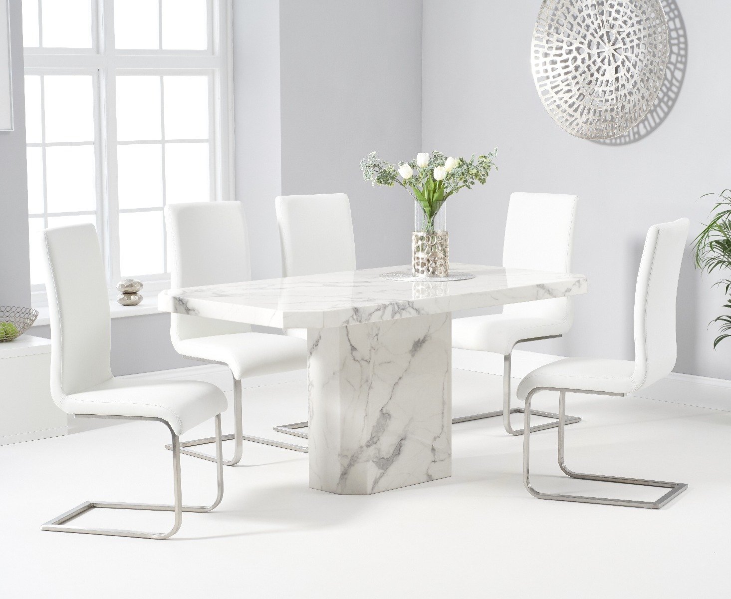 Belle 160cm White Marble Dining Table With 4 White Malaga Chairs