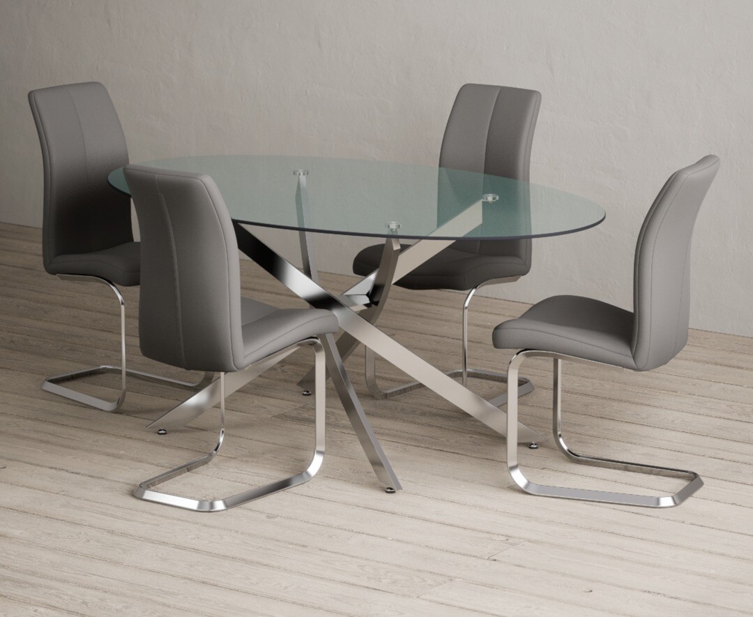 Product photograph of Bernini 165cm Oval Glass Dining Table With 4 Grey Gianni Chairs from Oak Furniture Superstore