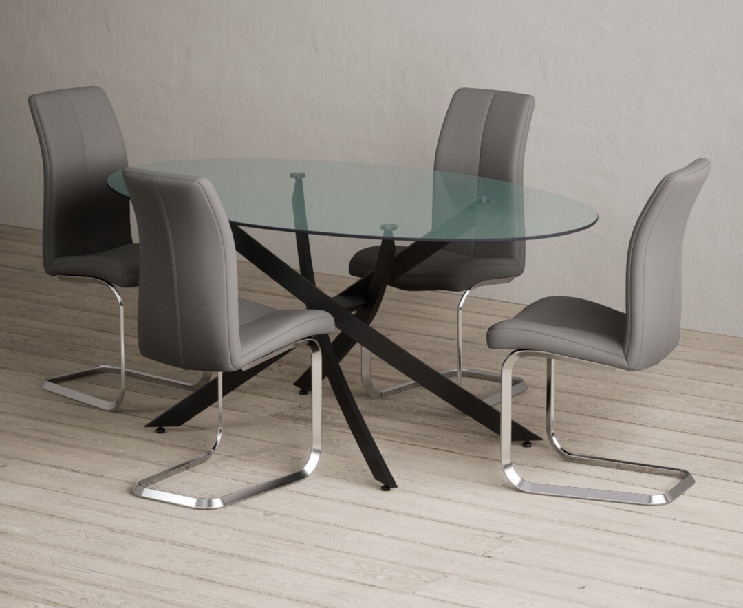 Product photograph of Bernini 165cm Black Leg Oval Glass Dining Table With 6 Grey Gianni Chairs from Oak Furniture Superstore