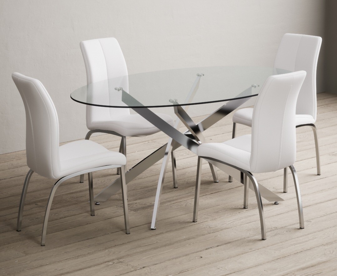 Product photograph of Bernini 165cm Oval Glass Dining Table With 4 Grey Marco Chairs from Oak Furniture Superstore