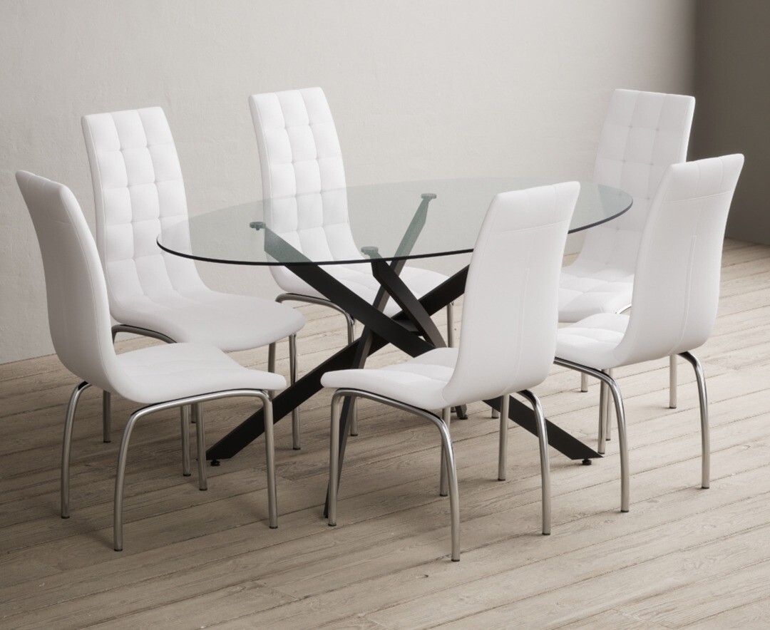 Product photograph of Bernini 165cm Black Leg Oval Glass Dining Table With 8 White Enzo Chairs from Oak Furniture Superstore