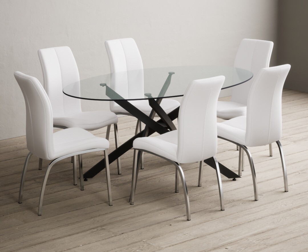 Product photograph of Bernini 165cm Black Leg Oval Glass Dining Table With 8 Black Marco Chairs from Oak Furniture Superstore