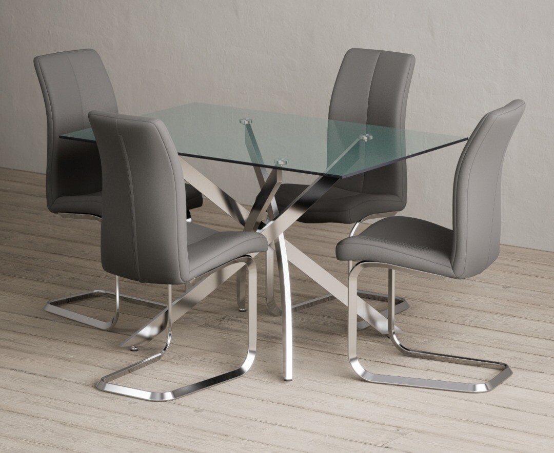 Product photograph of Bernini 120cm Rectangular Glass Dining Table With 6 Grey Gianni Chairs from Oak Furniture Superstore
