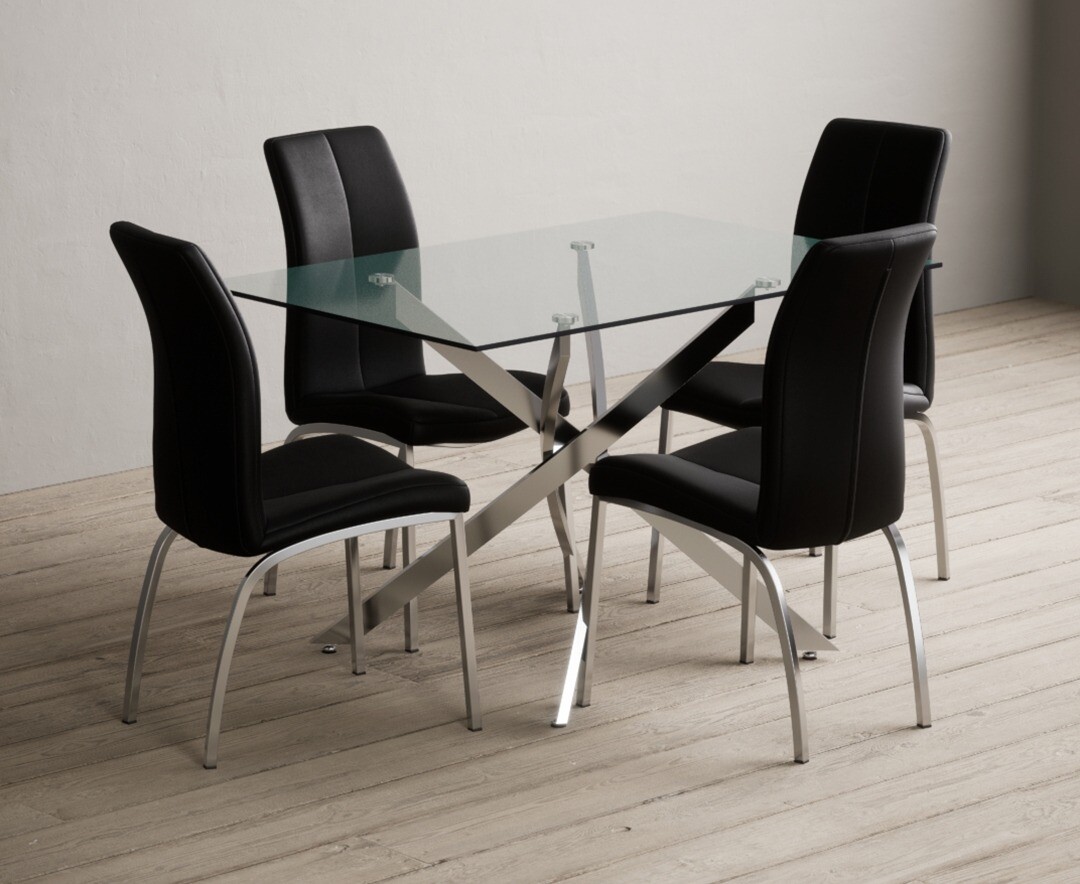 Product photograph of Bernini 120cm Rectangular Glass Dining Table With 6 White Marco Chairs from Oak Furniture Superstore