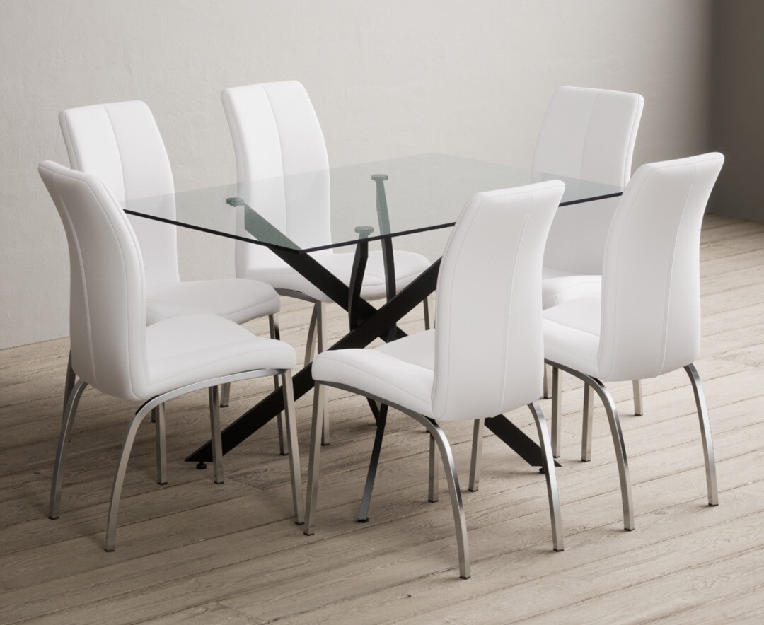 Product photograph of Bernini 120cm Black Leg Rectangular Glass Dining Table With 6 Grey Marco Chairs from Oak Furniture Superstore