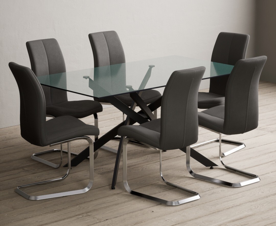 Product photograph of Bernini 160cm Black Leg Rectangular Glass Dining Table With 4 Grey Gianni Chairs from Oak Furniture Superstore