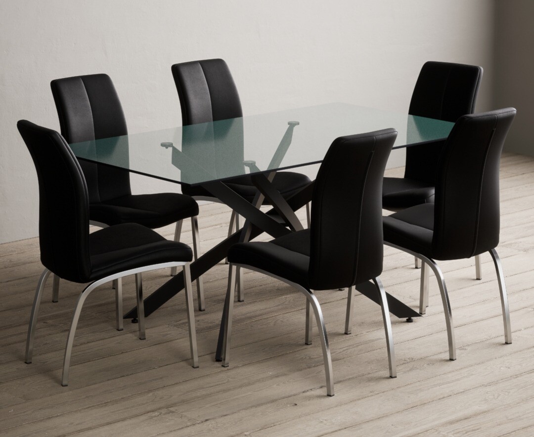 Product photograph of Bernini 160cm Black Leg Rectangular Glass Dining Table With 8 White Marco Chairs from Oak Furniture Superstore