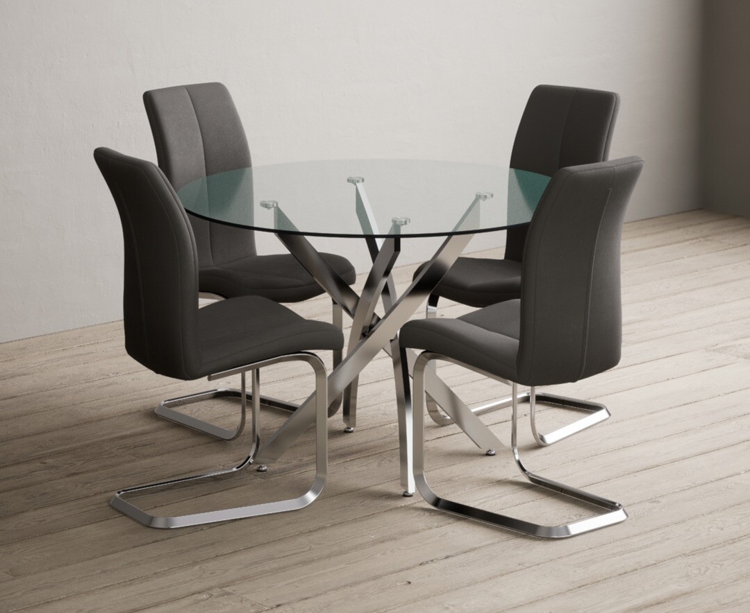 Product photograph of Bernini 110cm Glass Dining Table With 4 Grey Gianni Chairs from Oak Furniture Superstore