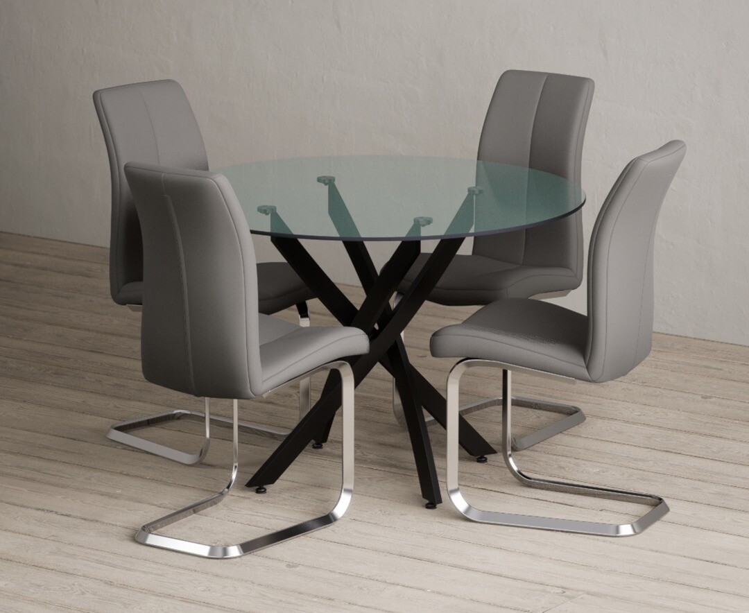 Product photograph of Bernini 110cm Black Leg Glass Dining Table With 2 Grey Gianni Chairs from Oak Furniture Superstore
