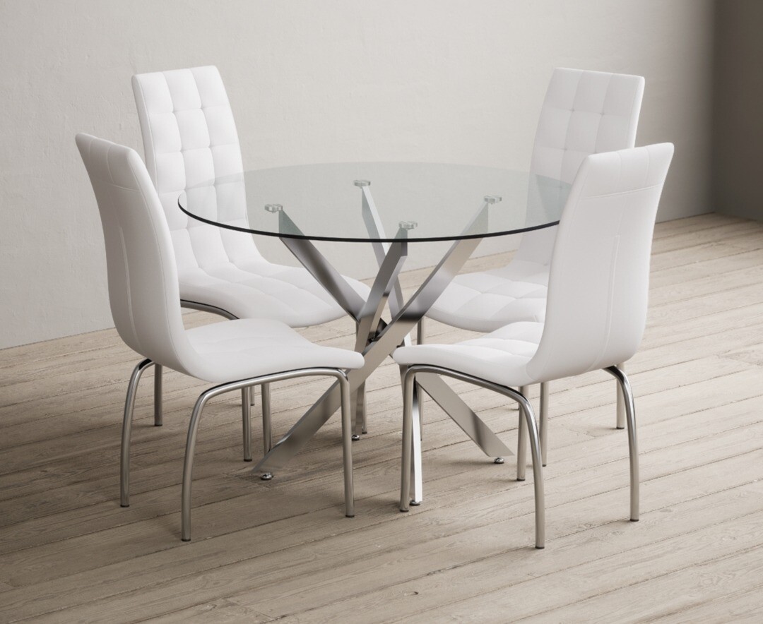 Product photograph of Bernini 110cm Glass Dining Table With 2 White Enzo Chairs from Oak Furniture Superstore