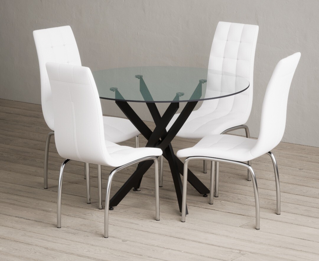 Product photograph of Bernini 110cm Black Leg Glass Dining Table With 2 White Enzo Chairs from Oak Furniture Superstore