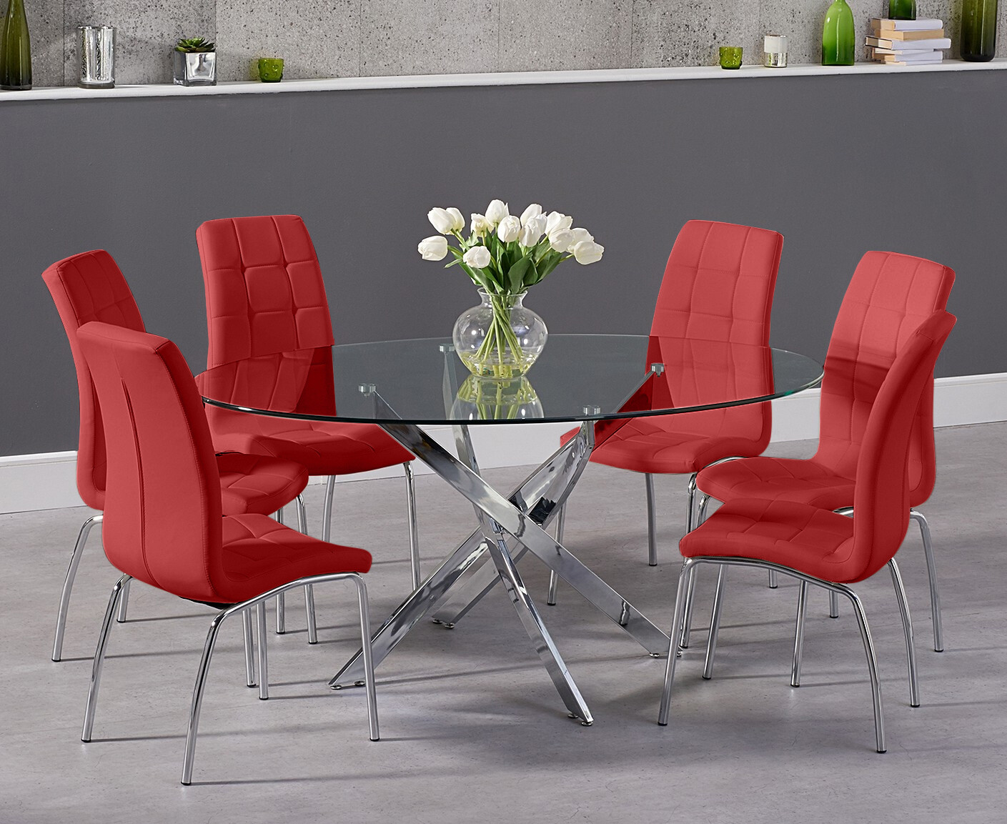 Product photograph of Bernini 165cm Oval Glass Dining Table With 4 Grey Enzo Chairs from Oak Furniture Superstore