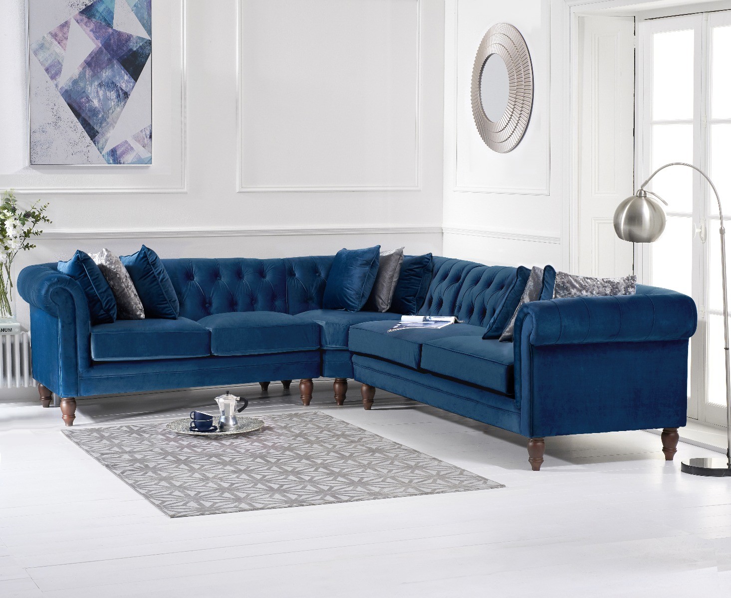 Product photograph of Bromley Medium Blue Velvet Corner Sofa from Oak Furniture Superstore
