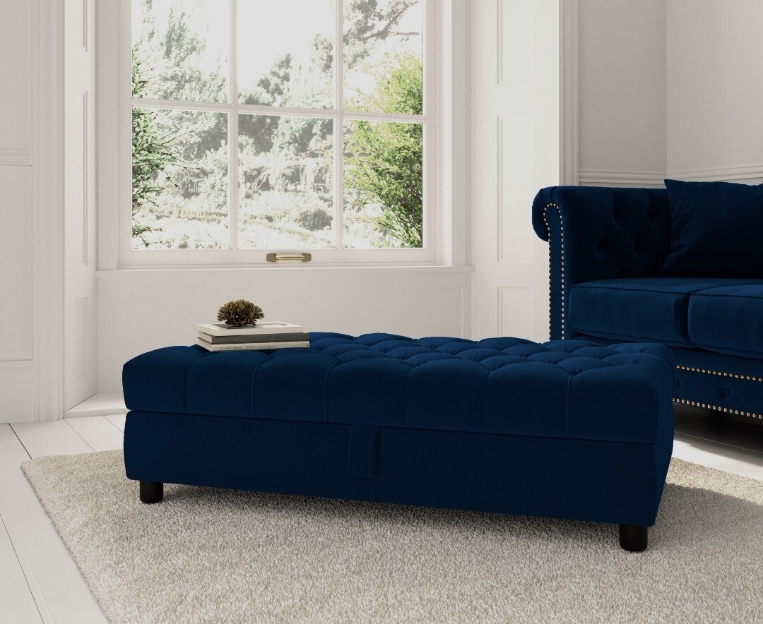 Product photograph of Mayfair Blue Velvet Storage Footstool from Oak Furniture Superstore