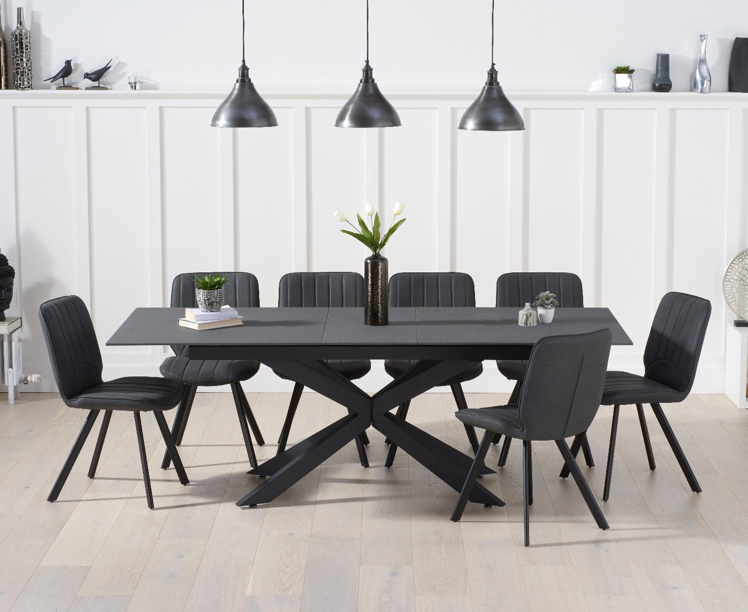 Extending Boston 180cm Grey Stone Dining Table With 8 Brown Hendrick Chairs