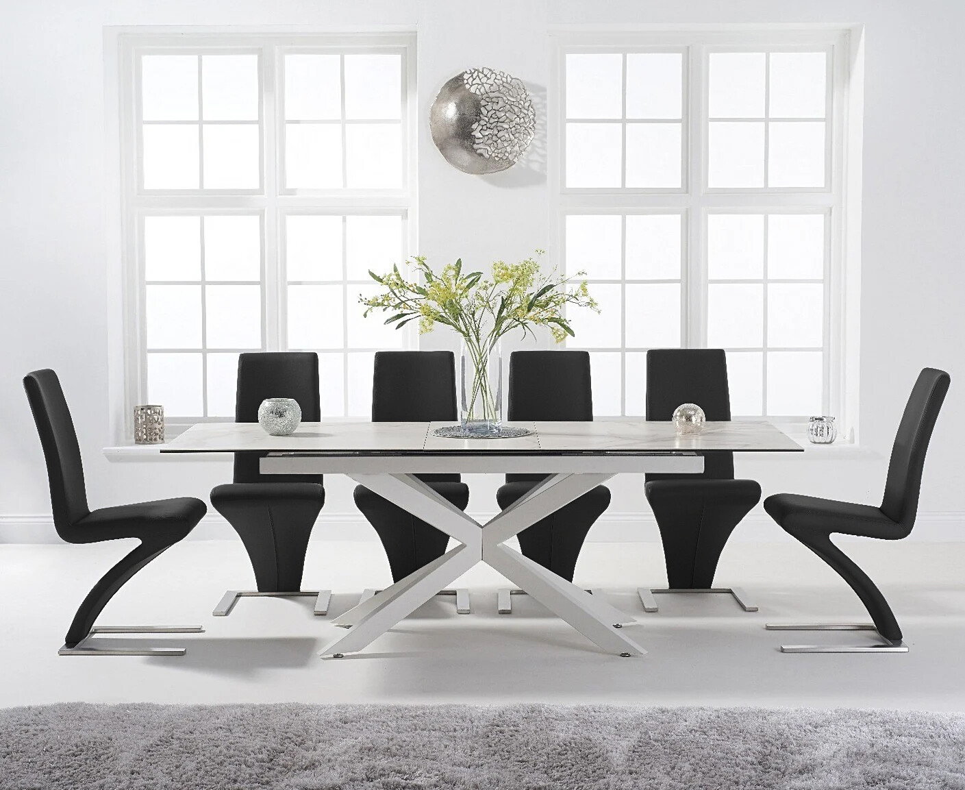 Extending Boston 180cm White Leg Ceramic Dining Table With 8 Black Aldo Chairs