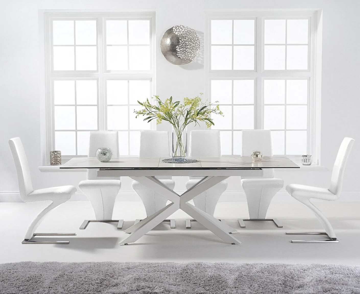 Extending Boston 180cm White Leg Ceramic Dining Table With 6 White Aldo Chairs