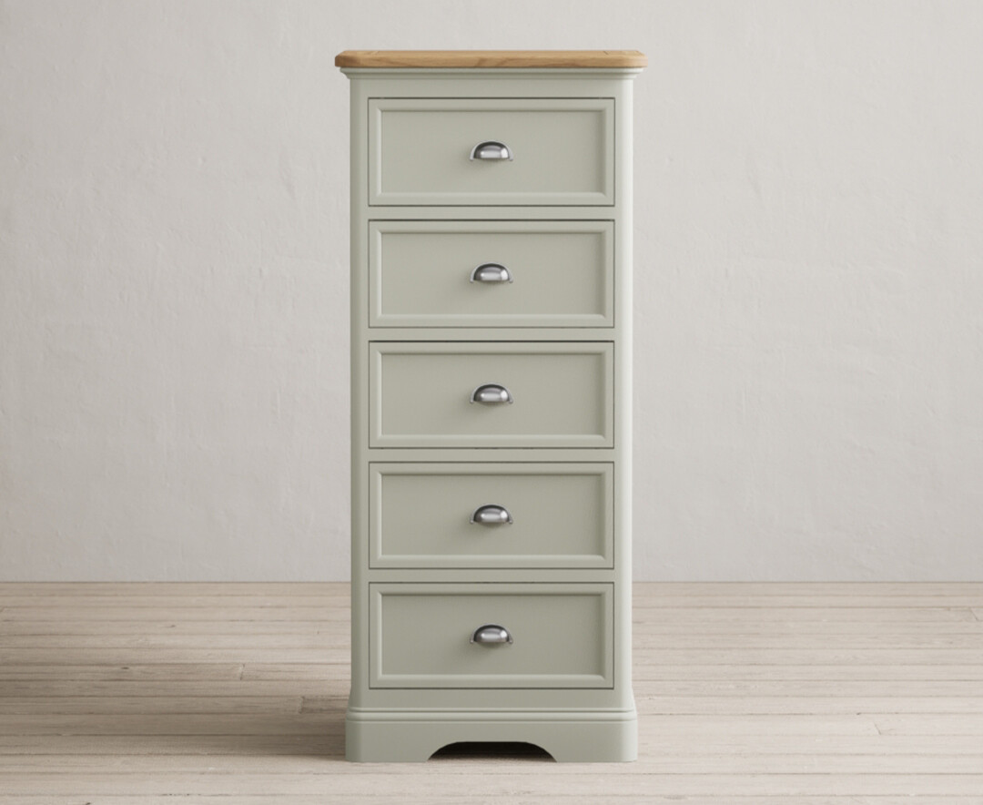 Product photograph of Bridstow Soft Green Painted 5 Drawer Tallboy from Oak Furniture Superstore