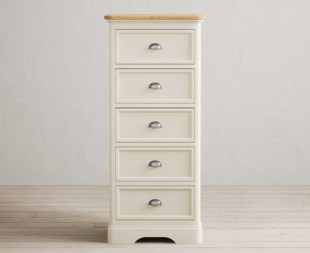 Product photograph of Bridstow Oak And Cream Painted 5 Drawer Tallboy from Oak Furniture Superstore