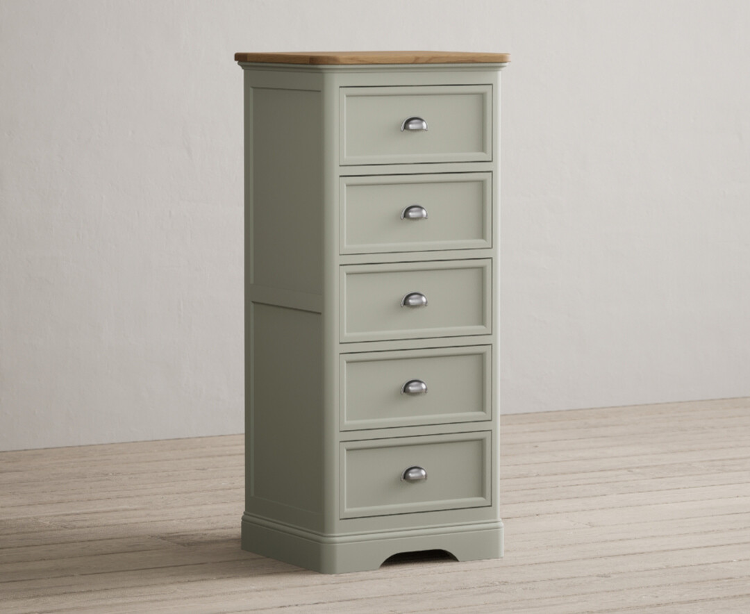 Product photograph of Brampton Soft Green Painted 5 Drawer Tallboy from Oak Furniture Superstore