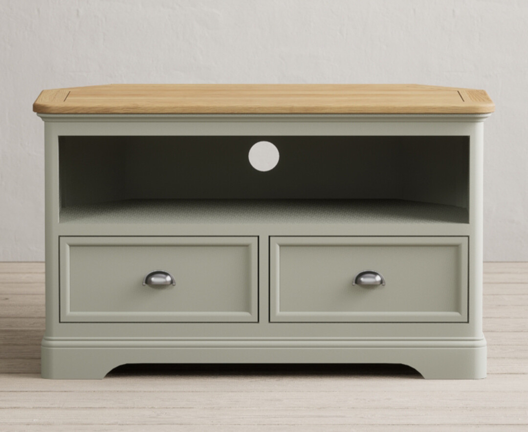 Product photograph of Bridstow Soft Green Painted Corner Tv Cabinet from Oak Furniture Superstore