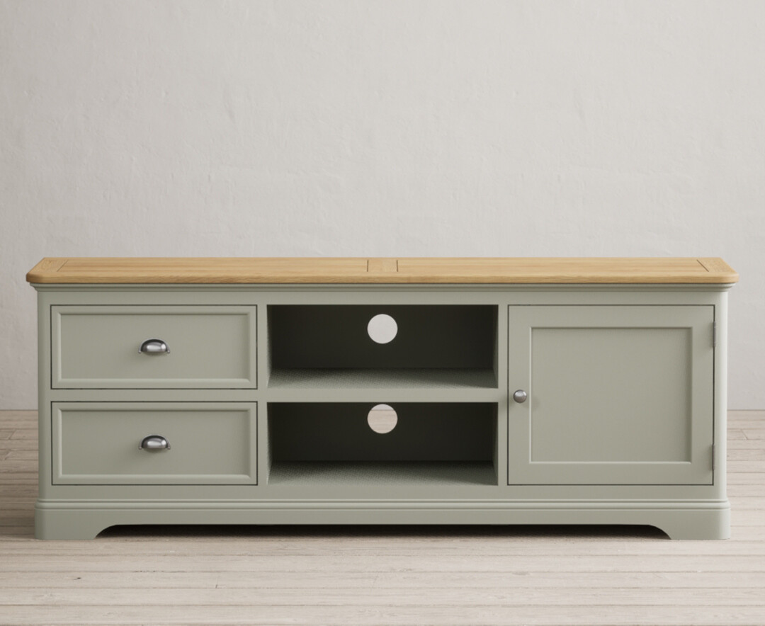 Product photograph of Bridstow Soft Green Painted Super Wide Tv Cabinet from Oak Furniture Superstore