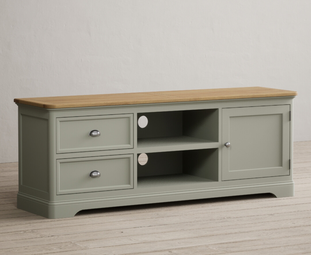 Product photograph of Brampton Soft Green Painted Super Wide Tv Cabinet from Oak Furniture Superstore