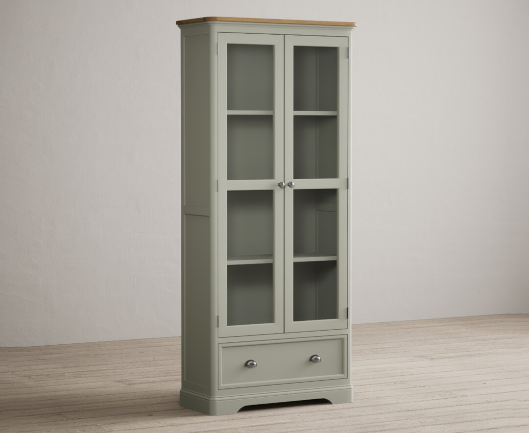 Product photograph of Brampton Soft Green Painted Glazed Display Cabinet from Oak Furniture Superstore