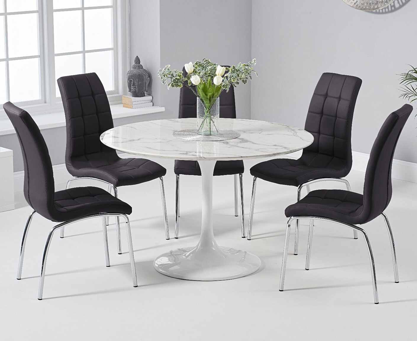 Product photograph of Brighton 120cm Round White Marble Dining Table With 4 Black Enzo Dining Chairs from Oak Furniture Superstore