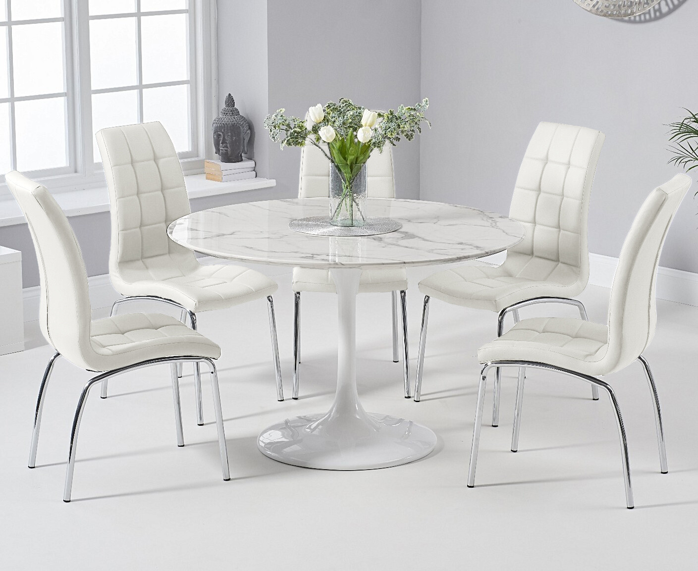 Photo 1 of Brighton 120cm round white marble dining table with 4 black enzo dining chairs