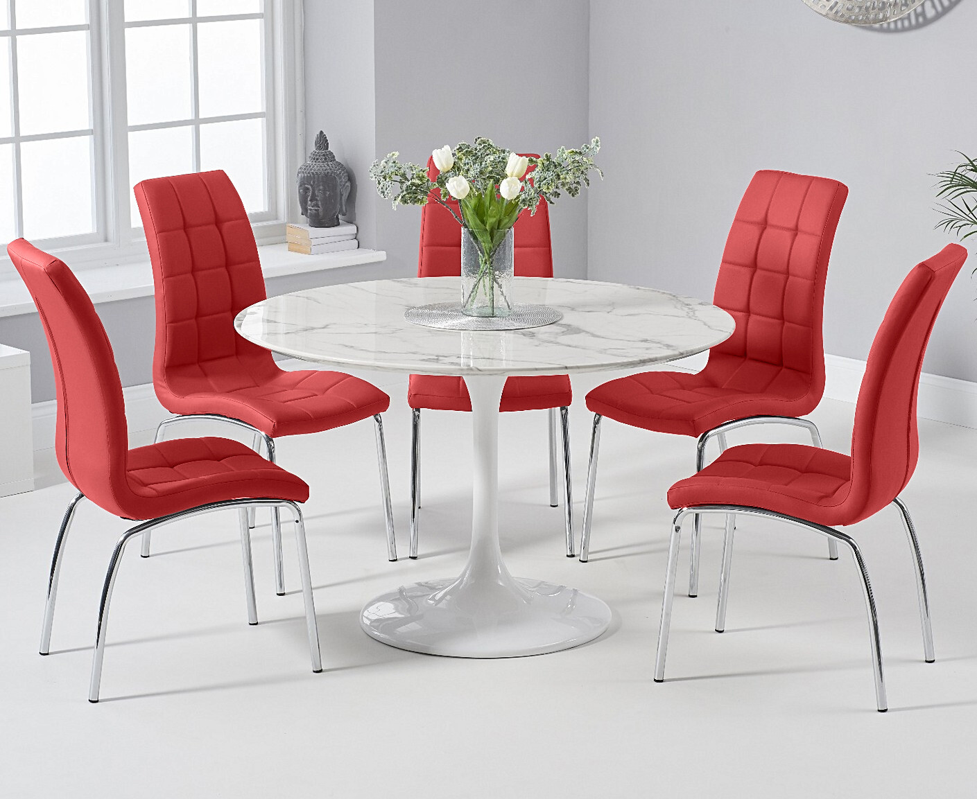 Product photograph of Brighton 120cm Round Marble White Dining Table With 4 White Enzo Chairs from Oak Furniture Superstore