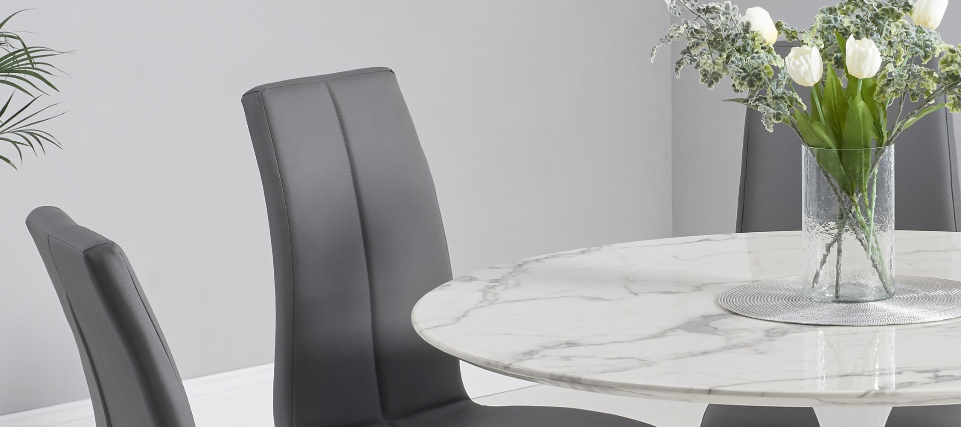Photo 1 of Brighton 120cm round white marble dining table with 4 grey gianni dining chairs